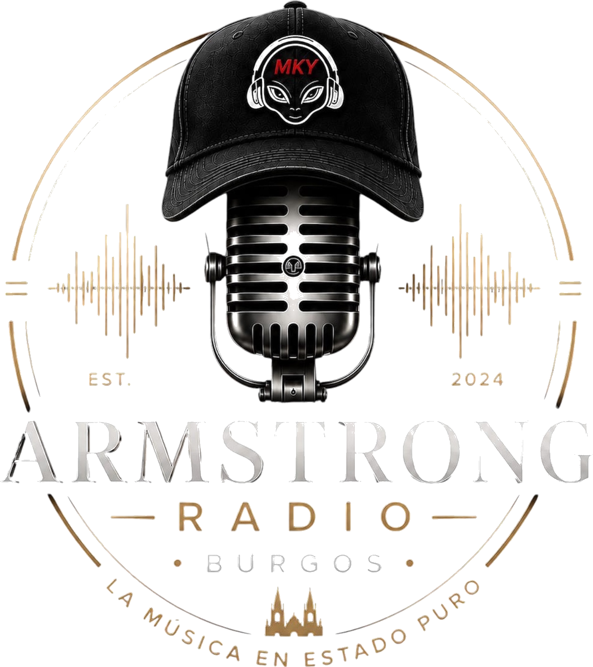 Logo de Armstrong Radio Burgos: micrófono vintage con gorra y ondas sonoras doradas