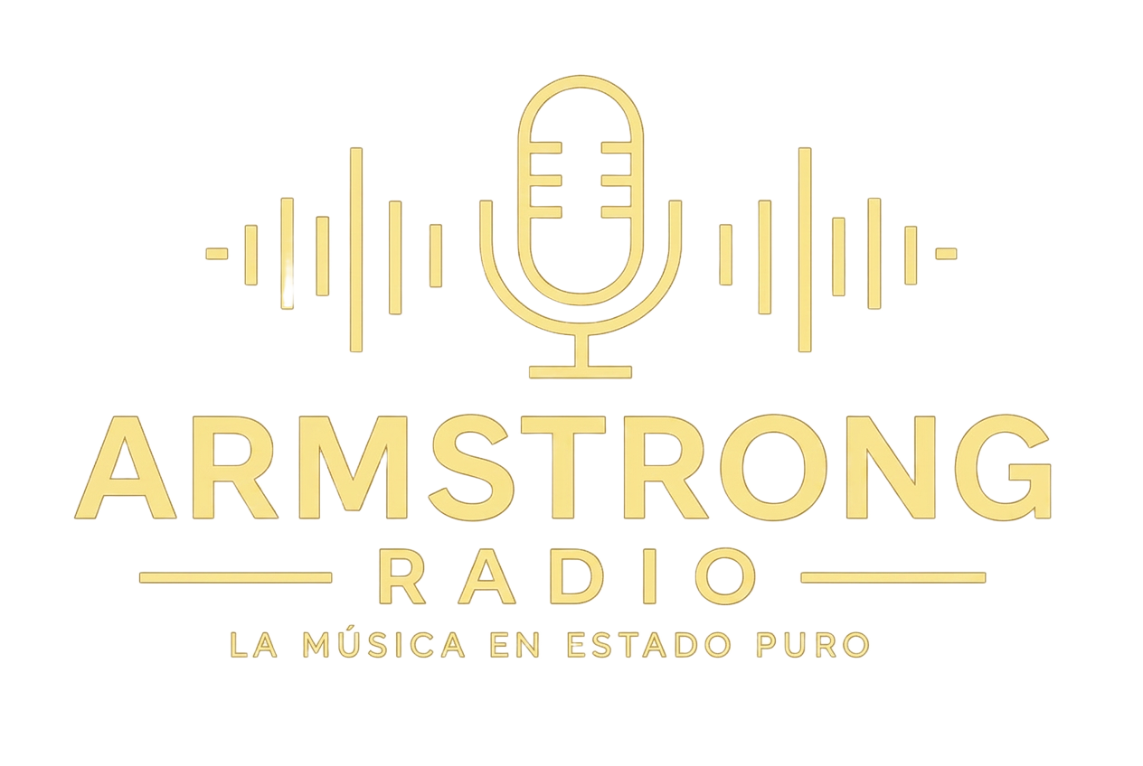 Logo lineal dorado de Armstrong Radio con micrófono vintage, ondas sonoras y el lema La música en estado puro