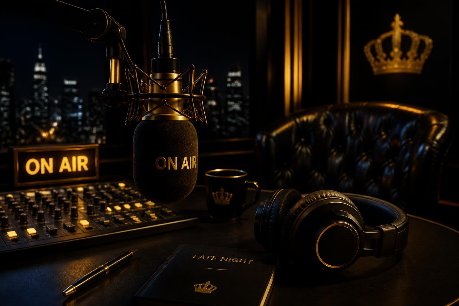 Estudio de radio nocturno con micrófono y auriculares iluminados en dorado